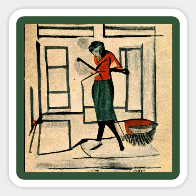 Old fashioned sketch graphic of woman in her house. Sticker by Liana Campbell